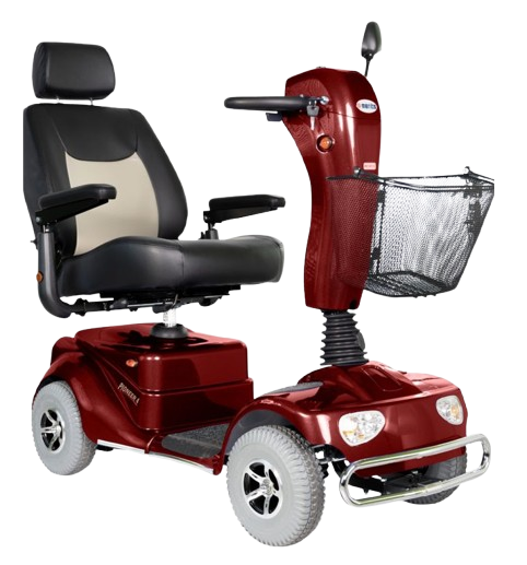 Front Right Side View Of The Merits Pioneer 4 Mobility Scooter Shown In Red Color