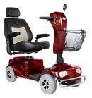 Front Right Side View Of The Merits Pioneer 4 Mobility Scooter Shown In Red Color