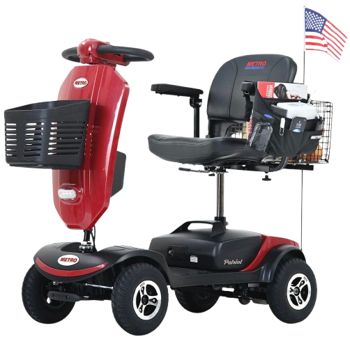 Front Right Side View Of The Metro Mobility Patriot 4 Wheel Mobility Scooter In The Red Color