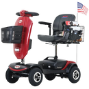 Front Right Side View Of The Metro Mobility Patriot 4 Wheel Mobility Scooter In The Red Color