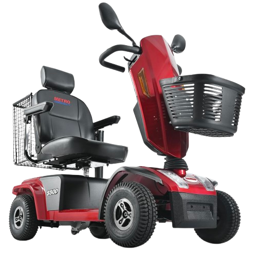 Front Right Side View Of The Metro Mobility S500 4-Wheel Mobility Scooter Shown In Red Color