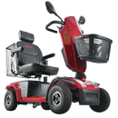 Front Right Side View Of The Metro Mobility S500 4-Wheel Mobility Scooter Shown In Red Color