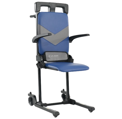 Front Right Side View Of The Mobile Patient Lift Buddy Motorized Floor To Seat Fall Recovery Patient Lift Chair for Seniors Shown In The Elevated Position