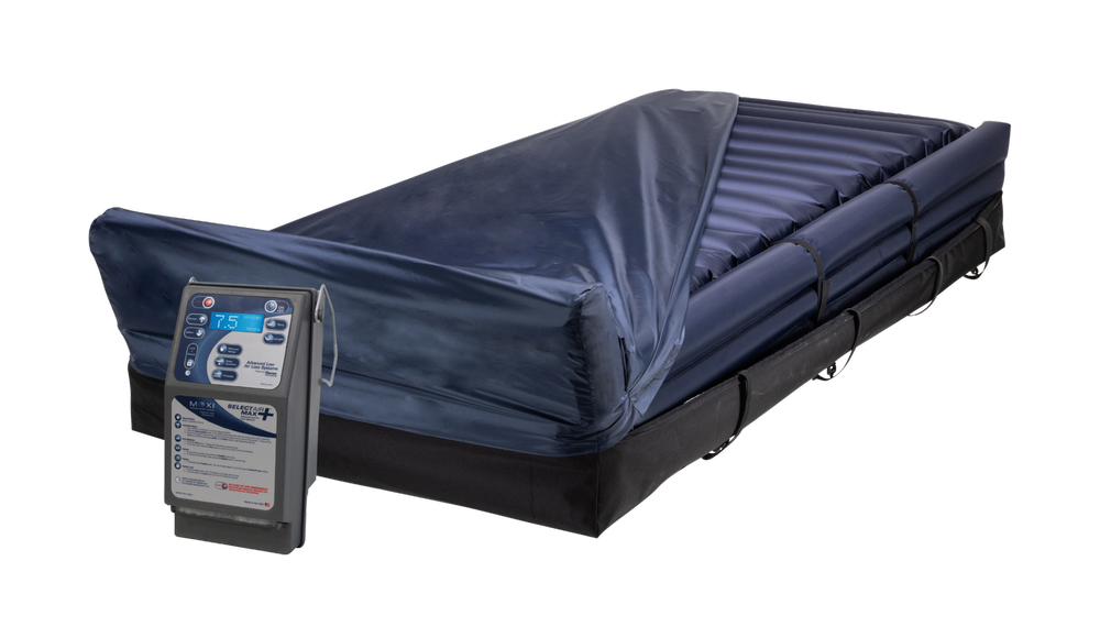 Front Right Side View Of The Moxi SelectAir Max, Alternating Pressure Air Mattress System Shown With The Control Unit Attached And The Cover Slightly Removed