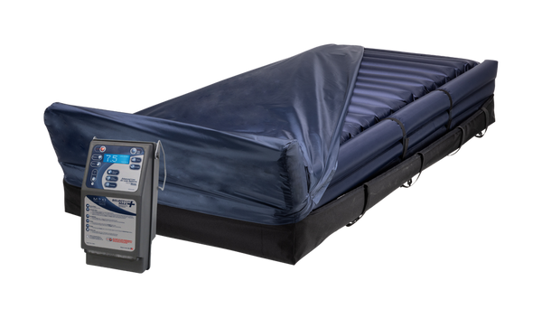 Front Right Side View Of The Moxi SelectAir Max, Alternating Pressure Air Mattress System Shown With The Control Unit Attached And The Cover Slightly Removed