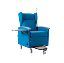 Front Right Side View Of The Nitrocare Aura 911 Chemotherapy Recliner Chair Shown With Side Arm Table In The Extended Postion With The Under Chair Footrest Extended