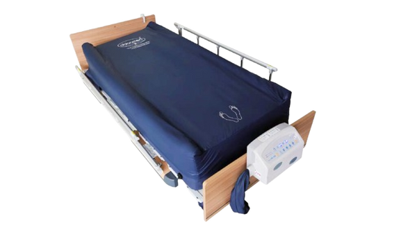 Front Right Side View Of The ObboMed OB-2600 Advanced Low Air Loss Alternating Pressure Mattress Shown In The Flat Position