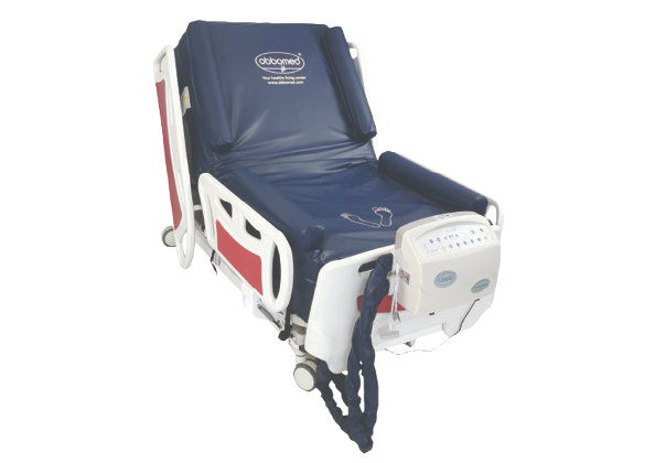 Front Right Side View Of The ObboMed OB-2650 PremiumAir Alternating Pressure Mattress (Low dB) Shown In The Fowler Position