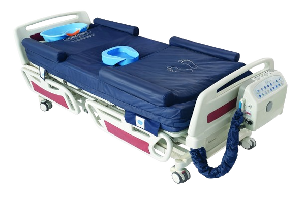 Front Right Side View Of The ObboMed OB-3600 UltraAir Alternating Pressure Mattress with Low Air Loss Therapy Shown In The Flat Position