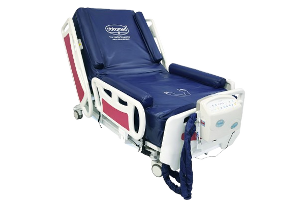 Front Right Side View Of The ObboMed OB-3620 UltraAir Medical Air Mattress With Alternating Pressure Therapy Shown In The Fowler Position
