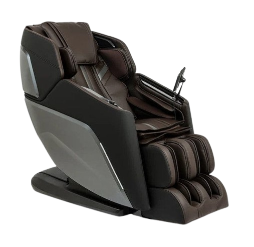 Front Right Side View Of The Ogawa Active XL 3D Massage Chair | OG-6300 Shown In The Upright Chair Position In Gun Metal And Brown Color