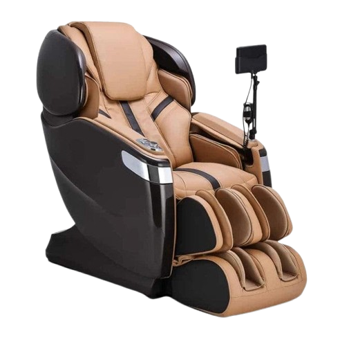 Front Right Side View Of The Ogawa Master Drive AI 2.0 Massage Chair | OG-8801 Shown In The Upright Chair Position In The Dark Brown And Sand Color