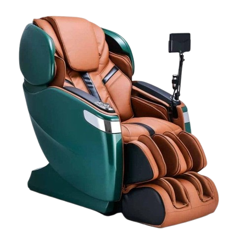 Front Right Side View Of The Ogawa Master Drive AI 2.0 Massage Chair | OG-8801 Shown In The Upright Chair Position In The Emerald And Cappuccino Color