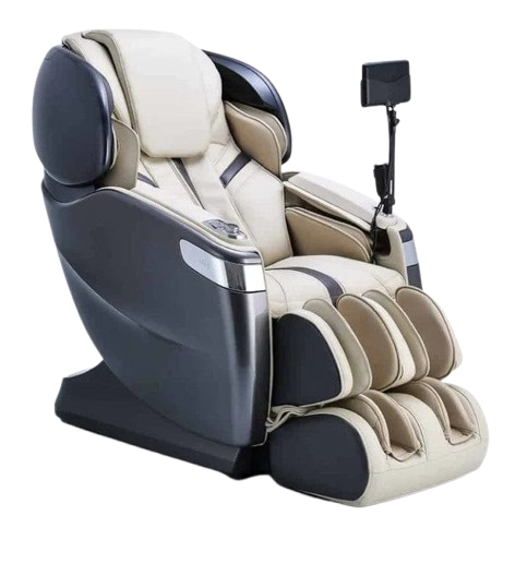 Front Right Side View Of The Ogawa Master Drive AI 2.0 Massage Chair | OG-8801 Shown In The Upright Chair Position In The Gun Metal And Ivory Color