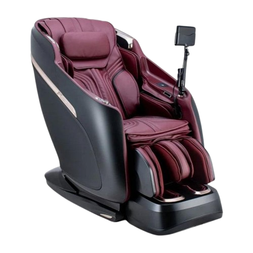 Front Right Side View Of The Ogawa Master Drive DUO Massage Chair | OG-8900 Shown In The Upright Chair Position In The Black And Burgundy Color