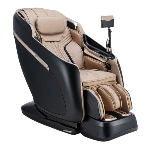 Front Right Side View Of The Ogawa Master Drive DUO Massage Chair | OG-8900 Shown In The Upright Chair Position In The Black And Champagne Color
