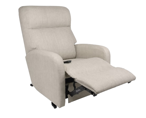 Front Right Side View Of The Optima Reclining Power Lift Chair Shown In The Chair Position With The Leg Rest Raised In The Fawn Color