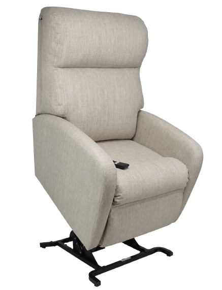 Front Right Side View Of The Optima Reclining Power Lift Chair Shown In The Lifted Position In The Fawn Color