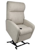 Front Right Side View Of The Optima Reclining Power Lift Chair Shown In The Lifted Position In The Fawn Color