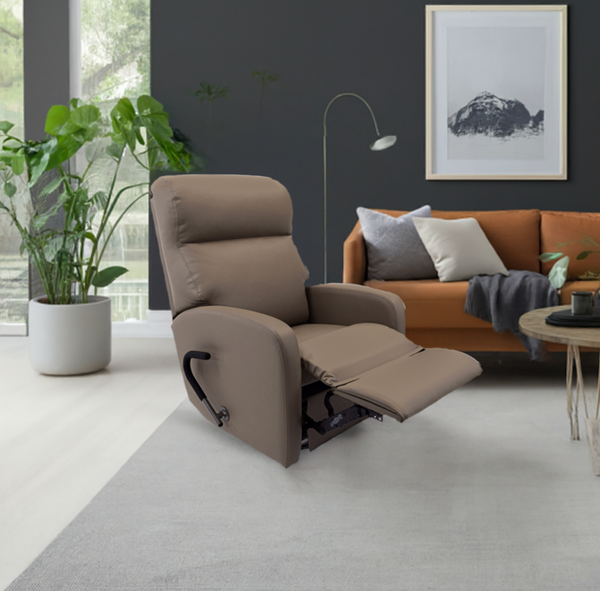Front Right Side View Of The Optima Wall-Hugger Reclining Geri Chair Shown In The Upright Position With The Leg Rest Extended In The Cocoa Color With The Upgraded EZ Reach Handle In A Living Room Setting