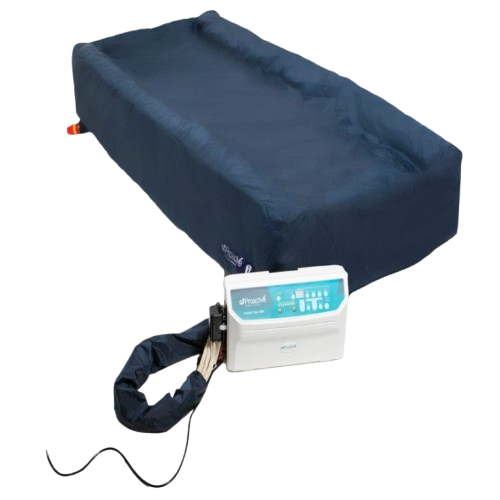 Front Right Side View Of The Proactive Medical Protekt Aire 7000 Alternating Pressure Mattress System Shown With Control Unit Attached And Cover On