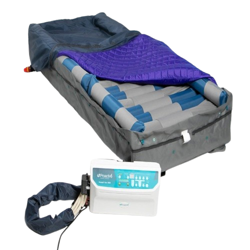 Front Right Side View Of The Proactive Medical Protekt Aire 7000 Alternating Pressure Mattress System Shown With Control Unit Attached And Cover Slightly Removed