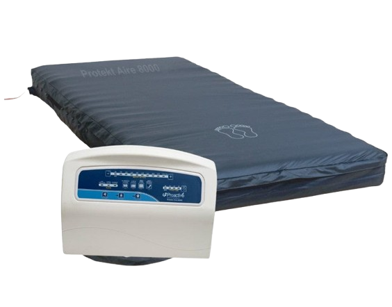 Front Right Side View Of The Proactive Medical Protekt Aire 8000 Low Air Loss/Alternating Pressure Bariatric Mattress System Shown With The Control Unit Attached