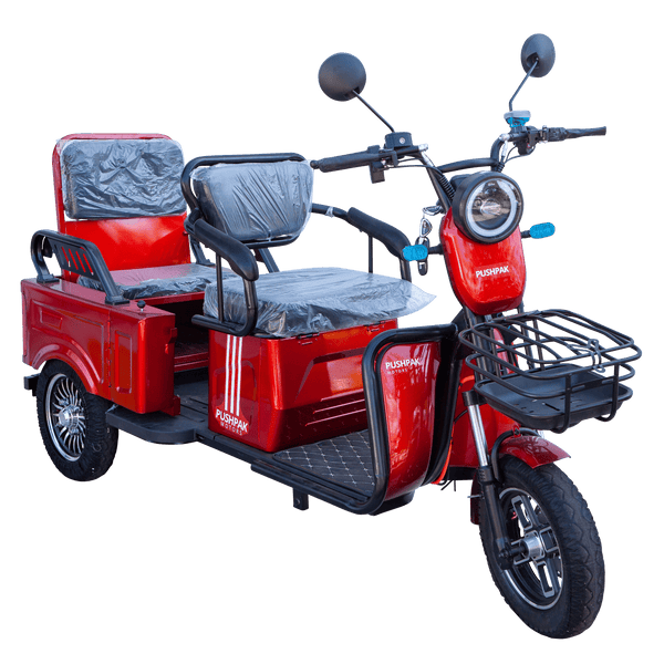 Front Right Side View Of The Pushpak Motors- Pushpak 3000 Two-Person Electric Scooter Shown In Red Color