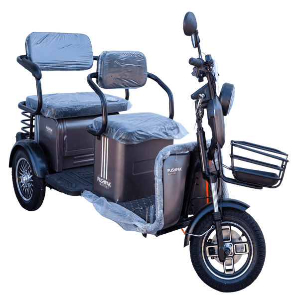 Front Right Side View Of The Pushpak Motors- Pushpak 7000 Two-Person Electric Scooter Shown In The Gray Color