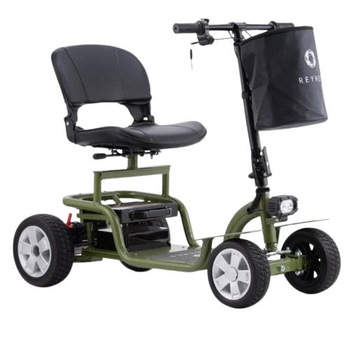 Front Right Side View Of The Reyhee EXO Electric Mobility Scooter Shown In The Green Color