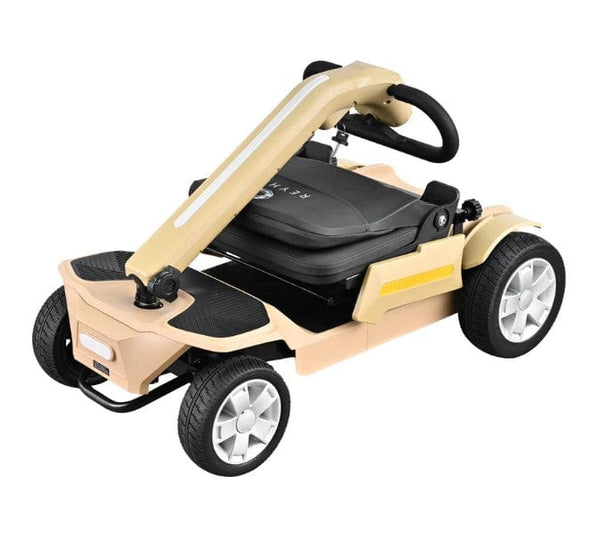 Front Right Side View Of The Reyhee Flex Electric Folding Mobility Scooter In The Tan Colored Frame Shown In The Folded Position