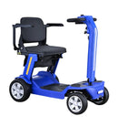 Front Right Side View Of The Reyhee Flex Electric Folding Mobility Scooter Shown With The Blue Frame