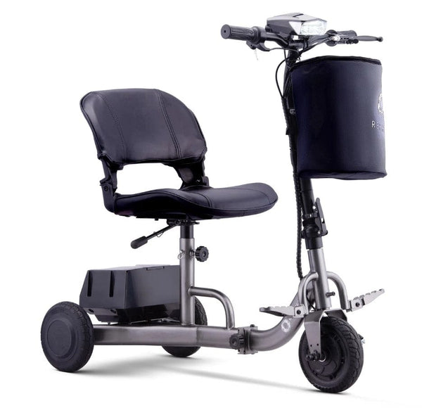 Front Right Side View Of The Reyhee Triad Compact Folding Electric Mobility Scooter Shown With The Gun Metal Colored Frame