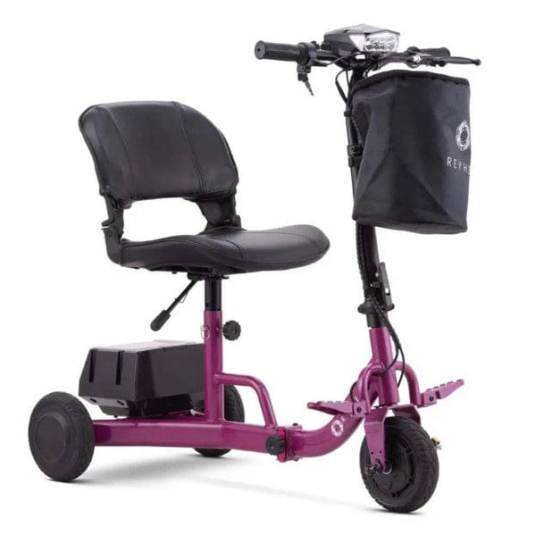 Front Right Side View Of The Reyhee Triad Compact Folding Electric Mobility Scooter Shown With The Violet Colored Frame