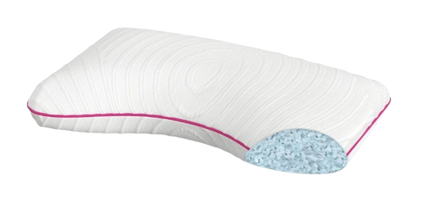 Front Right Side View Of The Rize Home Contour Dual Cool Pillow With Pink Trim And Blue Interior