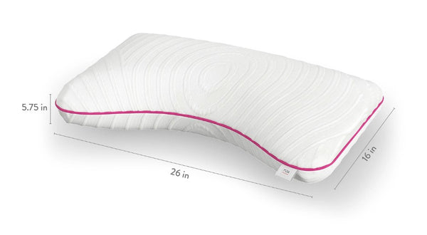 Front Right Side View Of The Rize Home Contour Dual Cool Pillow With Pink Trim And Measurements
