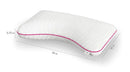 Front Right Side View Of The Rize Home Contour Dual Cool Pillow With Pink Trim And Measurements
