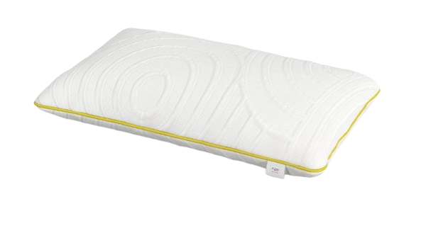 Front Right Side View Of The Rize Home High Dual Cool Pillow With Yellow Trim 