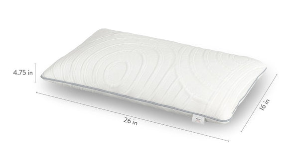 Front Right Side View Of The Rize Home Low Dual Cool Pillow With Gray Trim And Dimensions