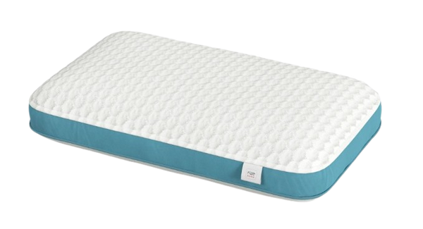 Front Right Side View Of The Rize Home Puff Pillow With Blue Trim