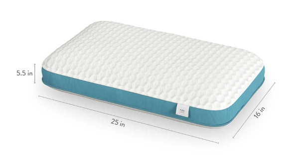 Front Right Side View Of The Rize Home Puff Pillow With Blue Trim And Dimensions