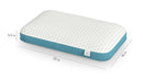Front Right Side View Of The Rize Home Puff Pillow With Blue Trim And Dimensions