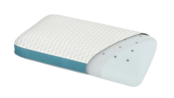 Front Right Side View Of The Rize Home Puff Pillow With Blue Trim And Interior View Of The Material