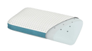 Front Right Side View Of The Rize Home Puff Pillow With Blue Trim And Interior View Of The Material
