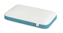 Front Right Side View Of The Rize Home Puff Pillow With Blue Trim
