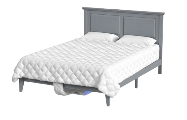 Front Right Side View Of The Rize Home Smart Duvet On Gray Bedframe 