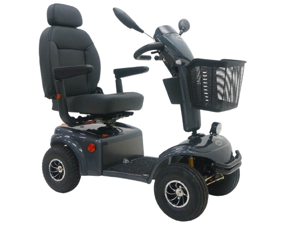 Vista frontal derecha del scooter de movilidad de 4 ruedas Shoprider Expedition XL 4 Deluxe