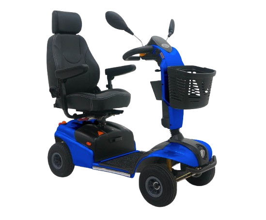 Front Right Side View Of The Shoprider Explorer Deluxe 4-Wheel Mobility Scooter