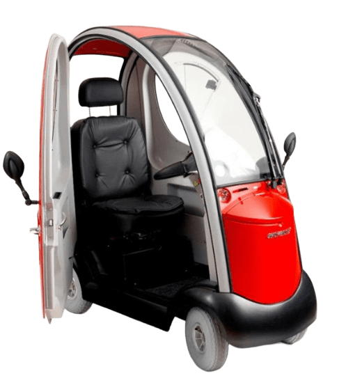 Front Right Side View Of The Shoprider Flagship Enclosed Mobility Scooter Shown With Door Open
