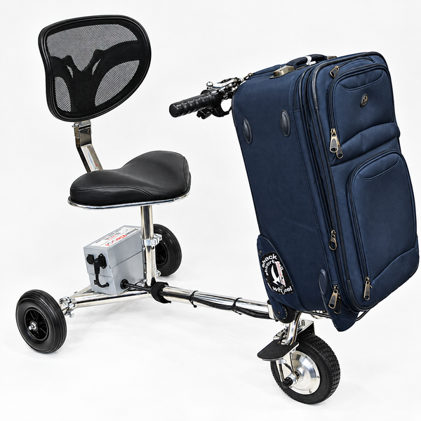 Front Right Side View Of The SmartScoot Lightweight Travel Mobility Scooter Shown With Suitcase Attached To Front Of Scooter